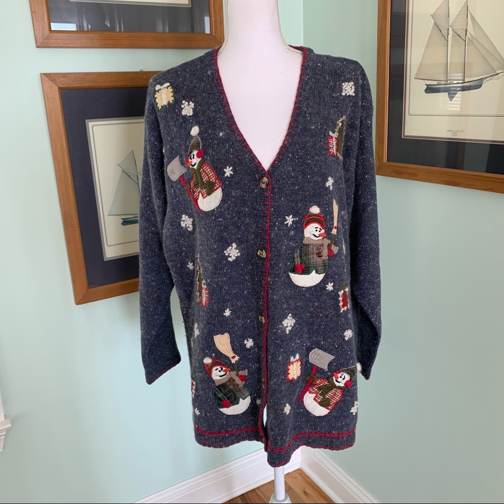 Vintage VJ Woman Angora Christmas Holiday Snowman V Neck Sweater Cardigan 1X